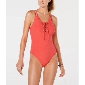 ❤️5/$25 Hula Honey Swimsuit Coral Orange Lace Up Ribbed One Piece Small Summer